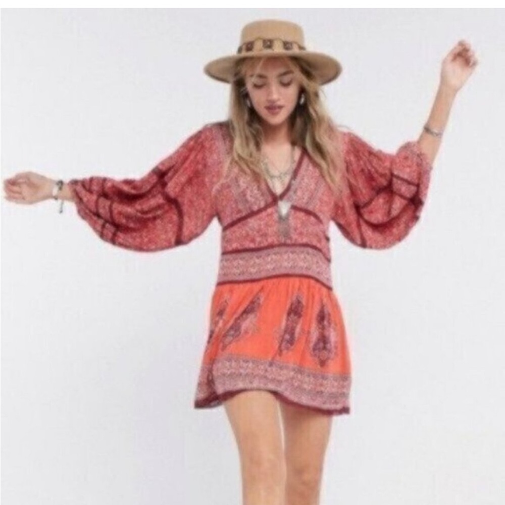 Free People Luna Scarf Print Tunic Dress Size Small - Red Combo